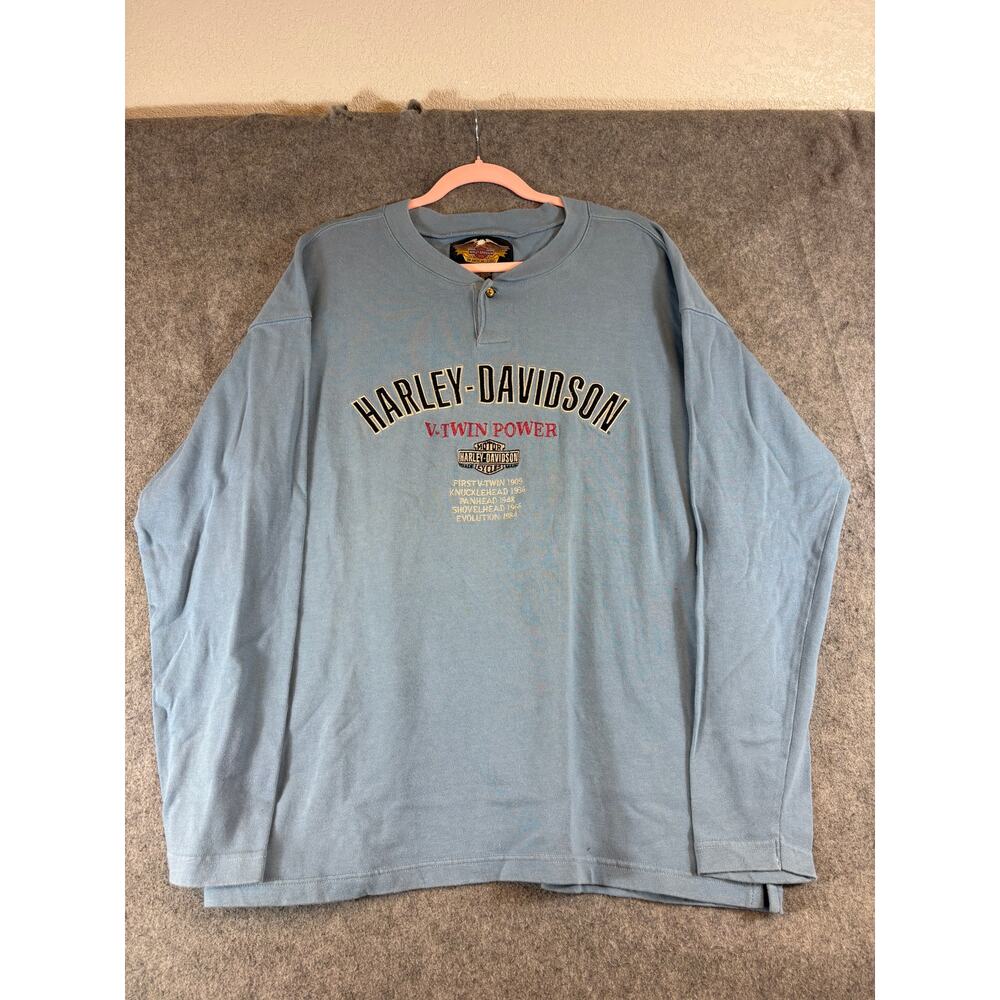 Harley Davidson V-Twin Power Henley Shirt Men 2XL Blue Graphic Long Sleeve Retro